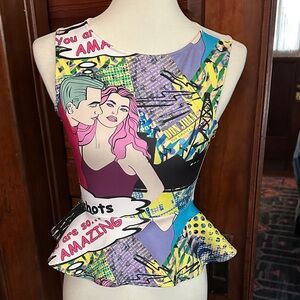 VINTAGE Y2K Pop Art Peplum Top Sheer Back Sz XS/S